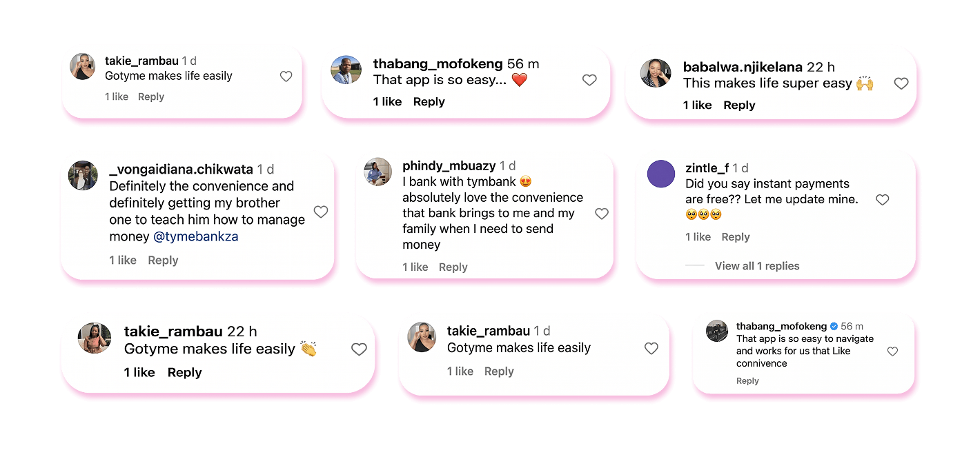 Customer comments from the GOTyme Bank rebrand campaign