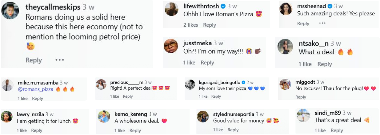 Customer comments from the Roman's Pizza Feaster Deal campaign