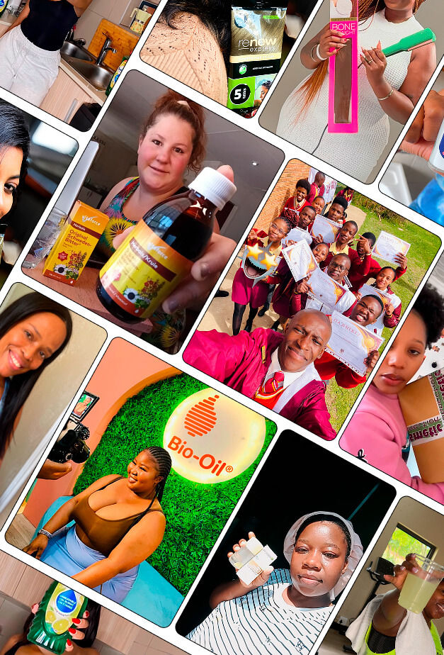 A tilted collage of authentic nano-influencer photos showing real people with everyday products, from skincare and hair care to household brands