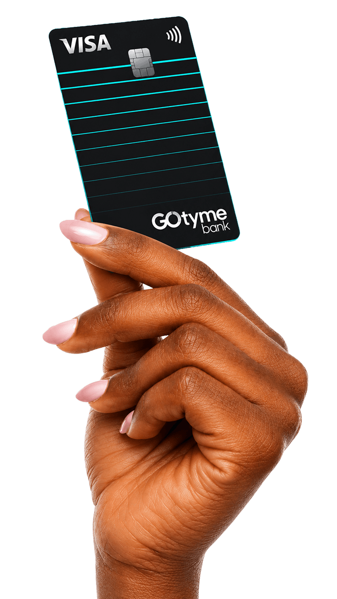 Hand holding a GoTyme Bank Visa card