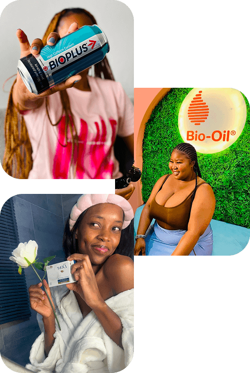 UGC creators producing brand content for Bioplus, Dove, and Bio-Oil