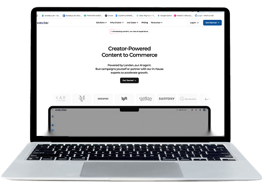 Creator.co website on a laptop showing Creator-Powered Content to Commerce