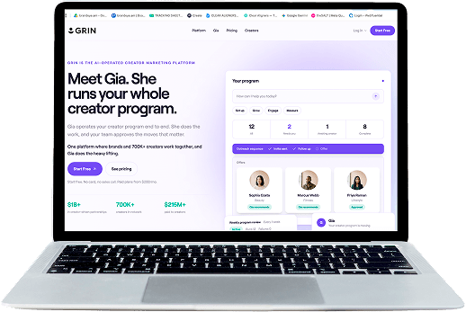 GRIN platform on a laptop showing Meet Gia. She runs your whole creator program.