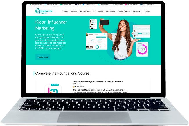 Klear Influencer Marketing on a laptop showing Meltwater Academy