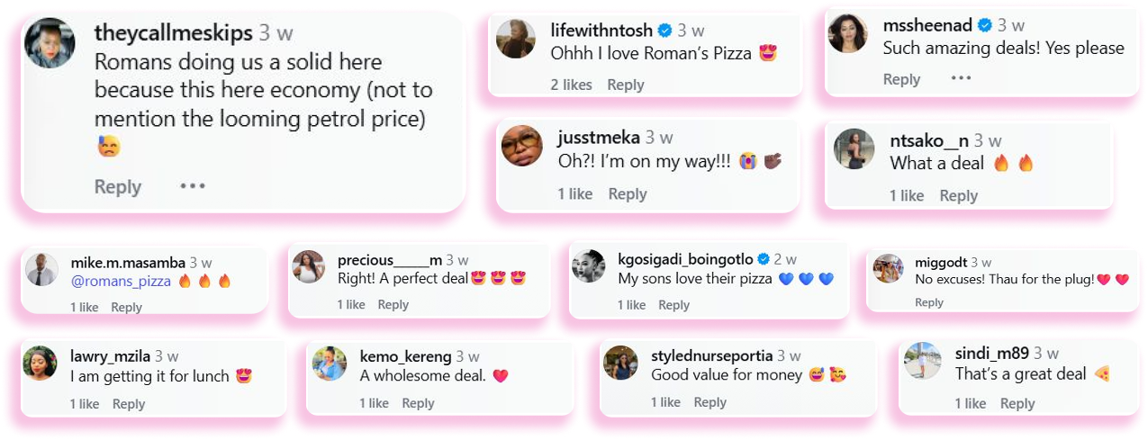 Customer comments from the Roman's Pizza Feaster Deal campaign